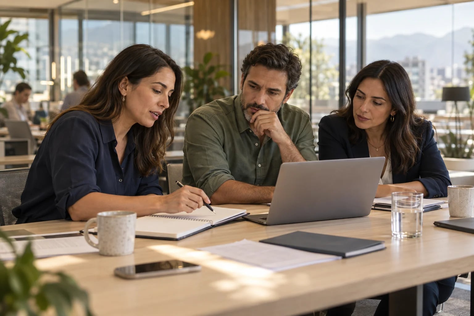 Equipo revisando antecedentes durante una reunión ilustrativa